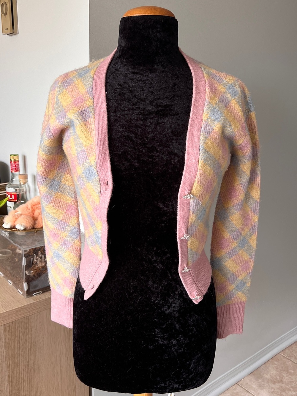 ZARA Soft Pastel Argyle Cropped Cardigan Sweater - Pink/Yellow/Blue
